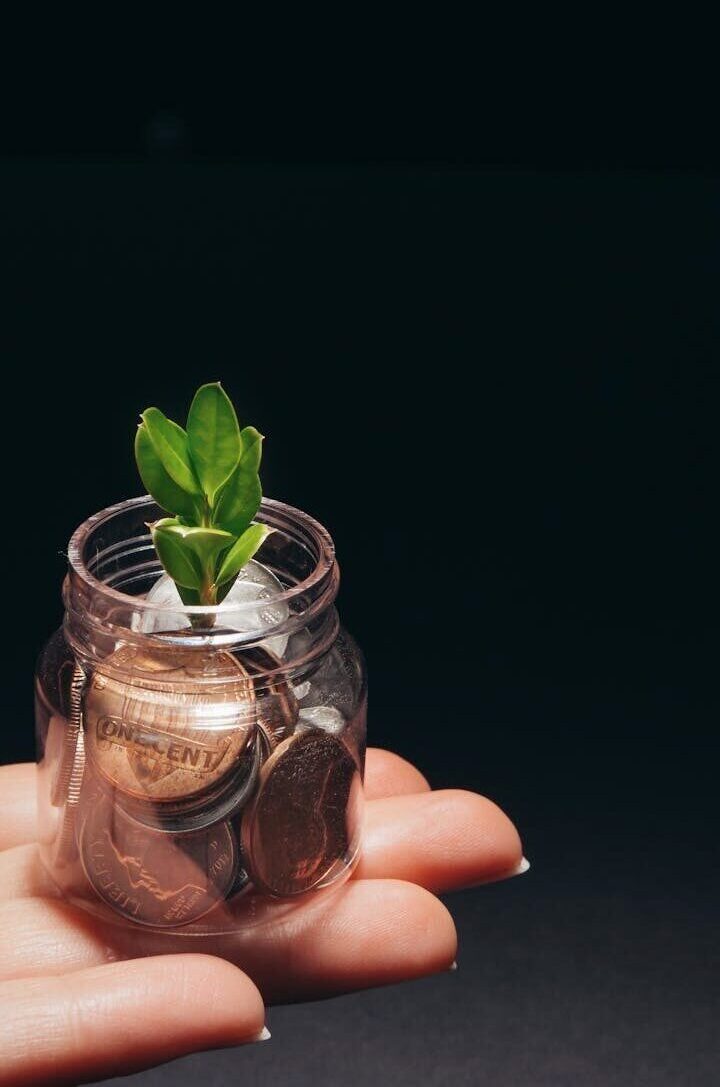 A small plant growing in a glass jar filled with coins, represents financial growth and sustainability.