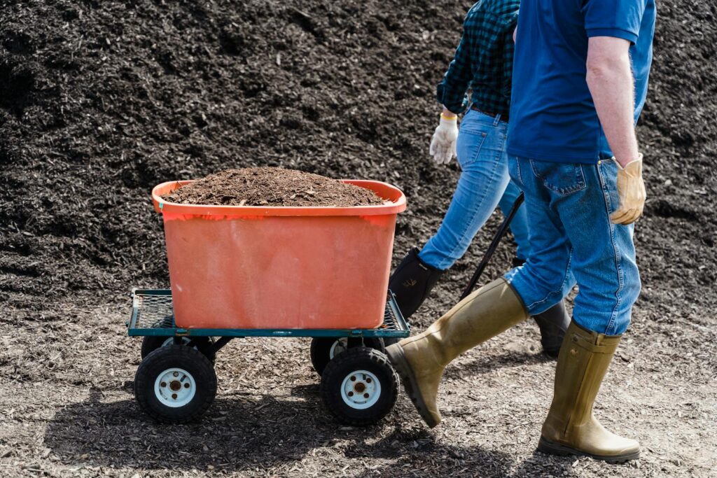 Two people transporting soil with a trolley in a farmland setting.